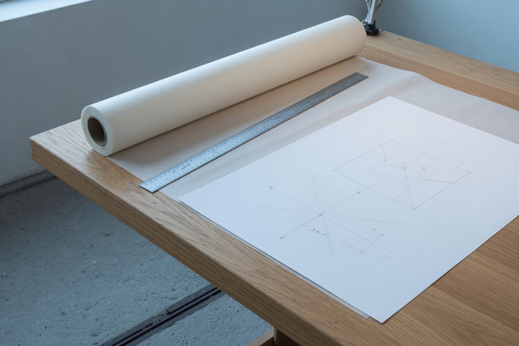 Tracing paper, a scale ruler, and a pencil diagram on an oak studio table.
